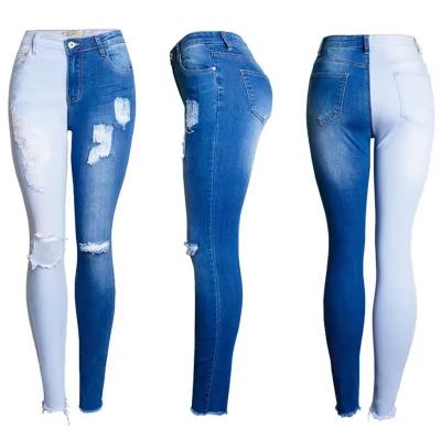 ODM OEM Contrast Denim Pencil Pants Skinny High Waist Stretch Fashion Jeans Women Two Zone Jeans Mujer