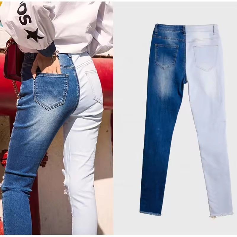 ODM OEM Contrast Denim Pencil Pants Skinny High Waist Stretch Fashion Jeans Women Two Zone Jeans Mujer