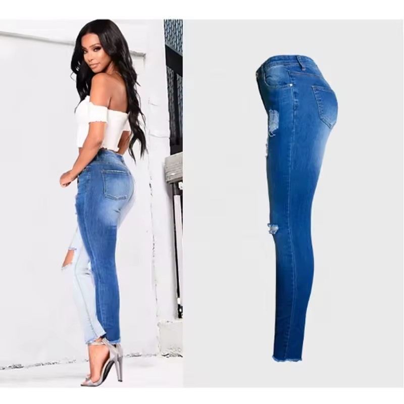 ODM OEM Contrast Denim Pencil Pants Skinny High Waist Stretch Fashion Jeans Women Two Zone Jeans Mujer