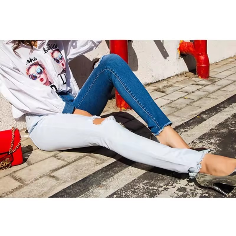 ODM OEM Contrast Denim Pencil Pants Skinny High Waist Stretch Fashion Jeans Women Two Zone Jeans Mujer