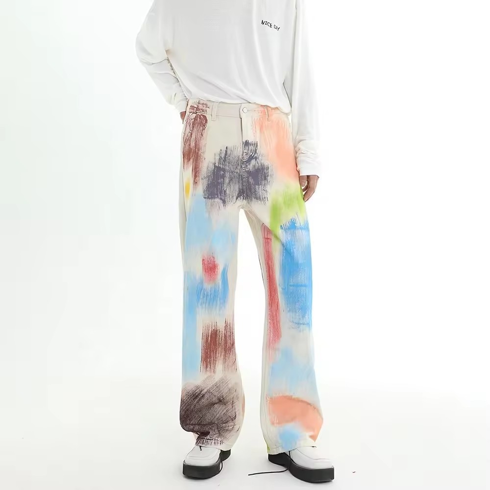 Custom streetwear baggy denim pants men graffiti painting black pants with paints hip hop pants