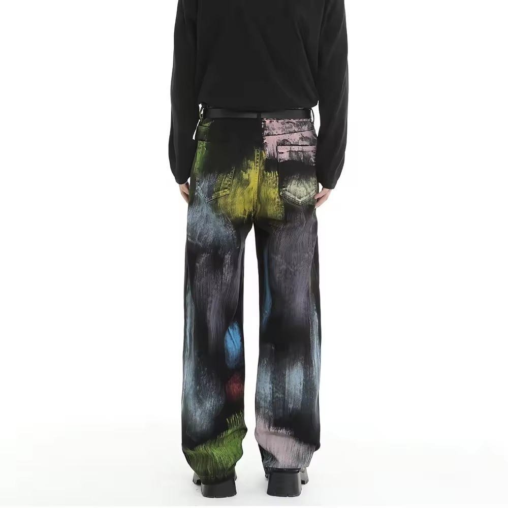 Custom streetwear baggy denim pants men graffiti painting black pants with paints hip hop pants