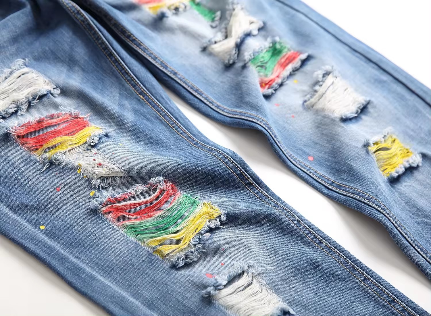 MD005 ODM OEM High Street Fashion Mens Jeans Colored Yarn Personal Designer Printed Destroyed Jeans Men Hip Hop Jeans