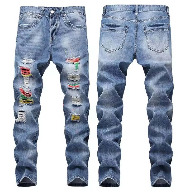 MD005 ODM OEM High Street Fashion Mens Jeans Colored Yarn Personal Designer Printed Destroyed Jeans Men Hip Hop Jeans