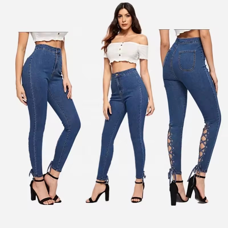 Women Jeans Denim High Waist Leg Strap Design Lace Up Skinny Jeans Mujer Jeans for Women