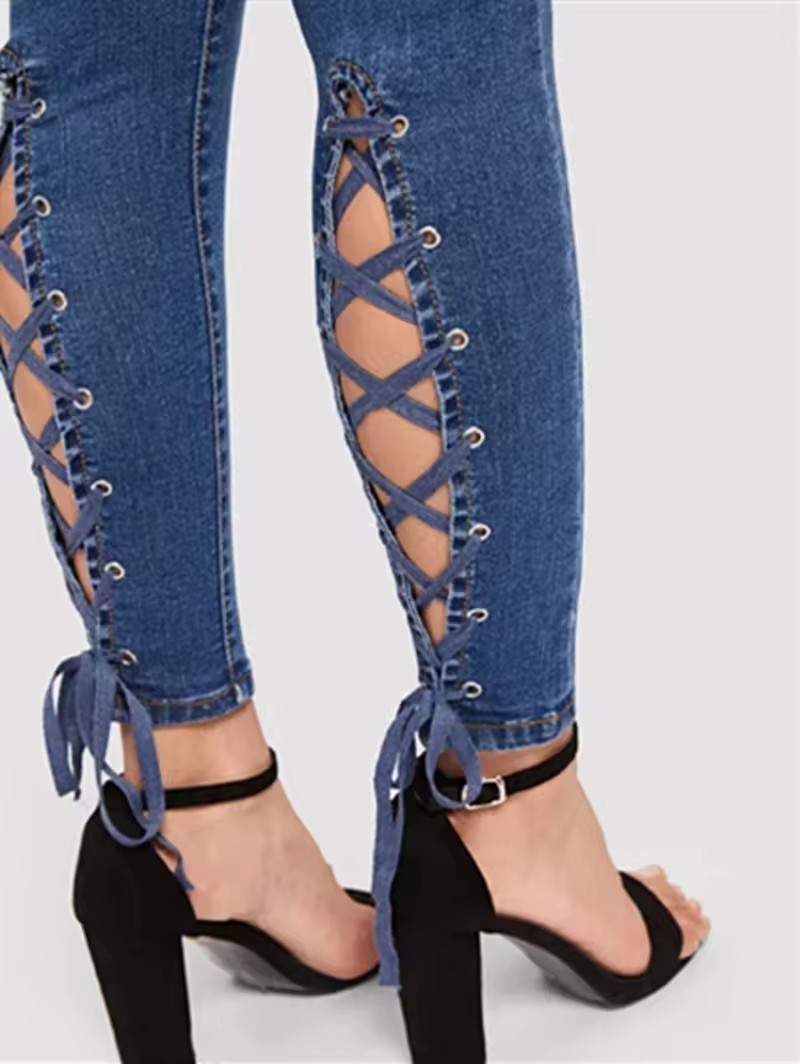 Women Jeans Denim High Waist Leg Strap Design Lace Up Skinny Jeans Mujer Jeans for Women