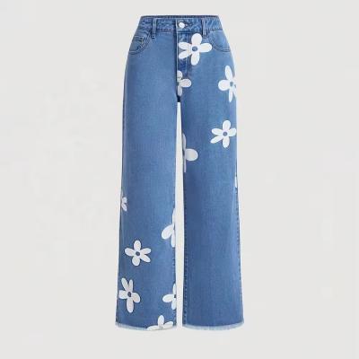 OEM High Waist Straight Loose Fit Women Denim Jeans Custom Printed Floral Jeans