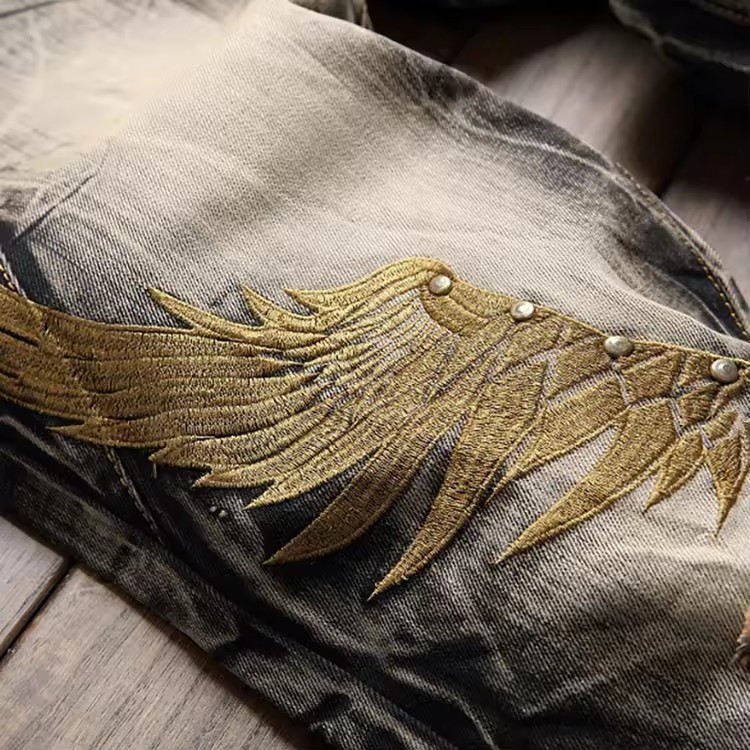 Hip Hop Mens Jeans Personality Embroidered Wing Jean Holes Denim Pants