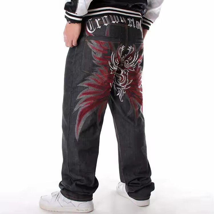 Plus Size Straight Skateboard Pants Men's Hip-hop Embroidered Printed Baggy Denim Jeans Pants Trousers