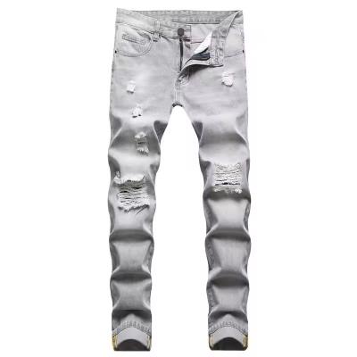 High Quality Streetstyle Men's Casual Large Hole Straight Tube Light Gray Denim Pants