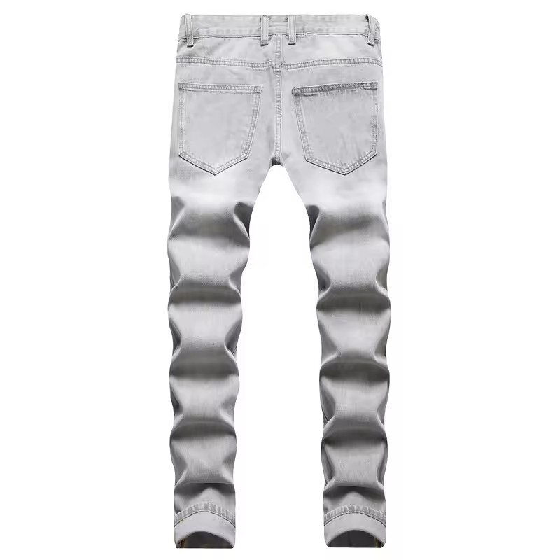 High Quality Streetstyle Men's Casual Large Hole Straight Tube Light Gray Denim Pants