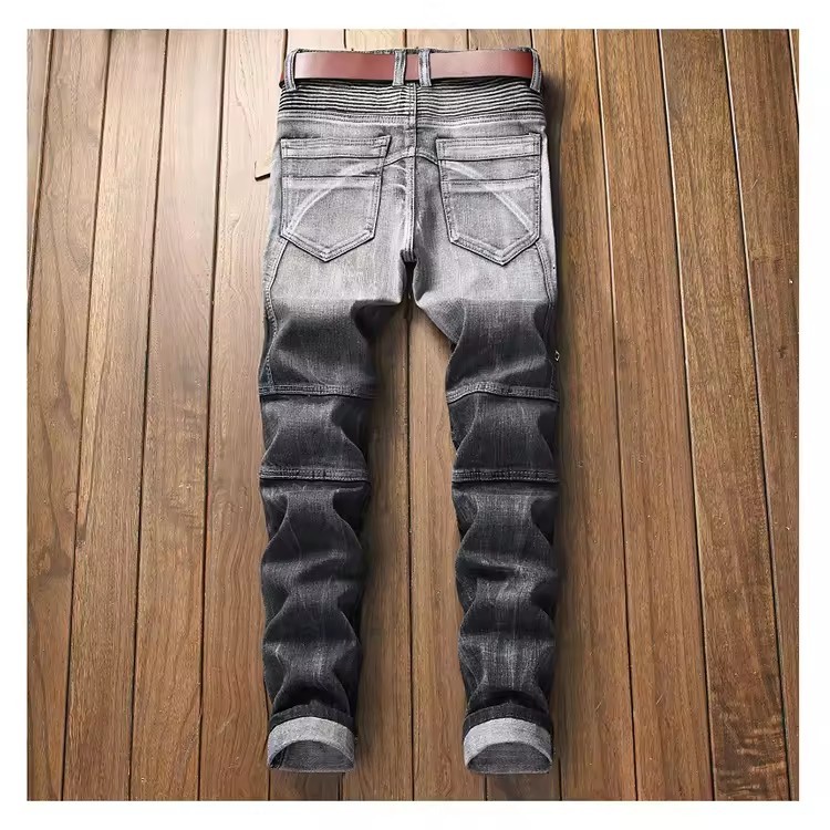 Men's Distressed Denim Straight Motorcycle Stacked Pants Men Jeans with Zipper