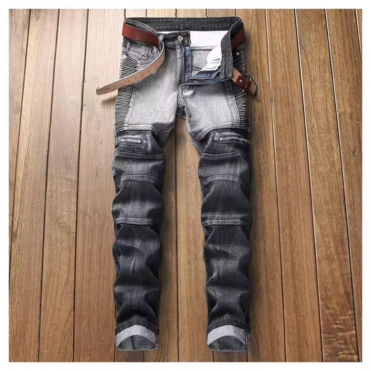 Men's Distressed Denim Straight Motorcycle Stacked Pants Men Jeans with Zipper