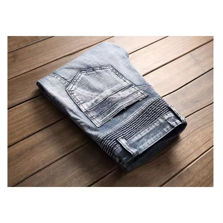 Men's Distressed Denim Straight Motorcycle Stacked Pants Men Jeans with Zipper