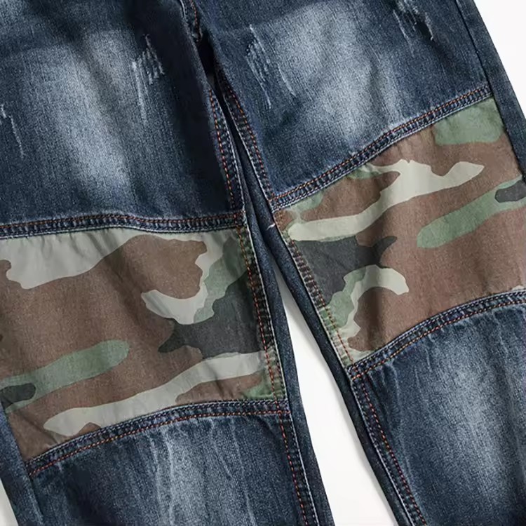 Men Leisure Biker Jeans Camouflage Patchwork Slim Fit Denim Pants