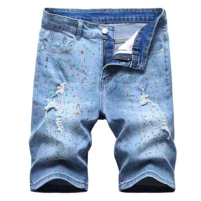 Mens Painted Short Jeans Stretch Personality Splash Ink Denim Shorts