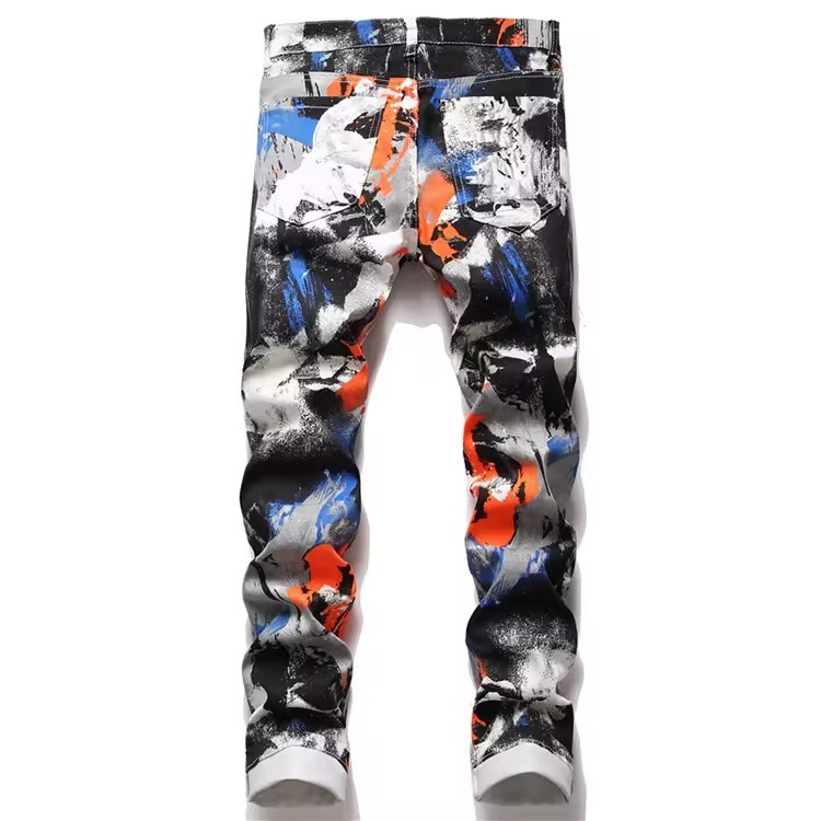 New Arrival Male Printed Painted Graffiti Pants Hip Hop Slim Fit Jeans for Men