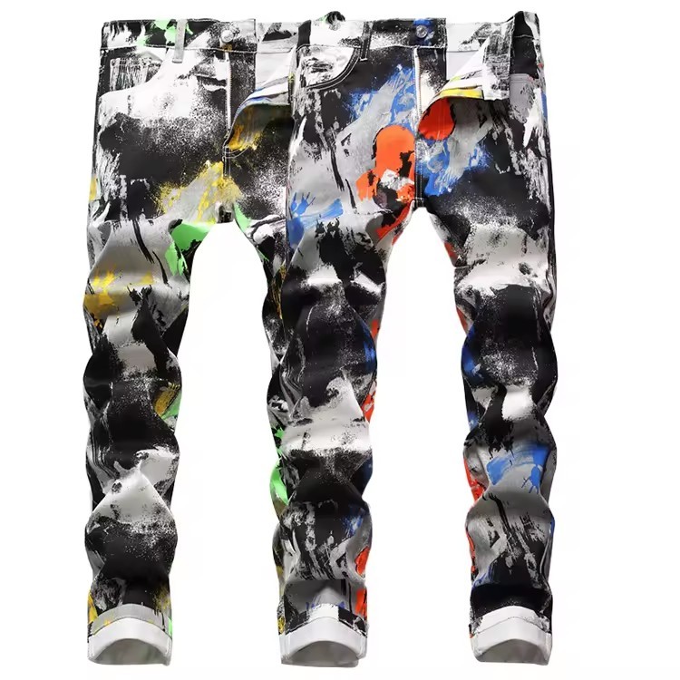 New Arrival Male Printed Painted Graffiti Pants Hip Hop Slim Fit Jeans for Men