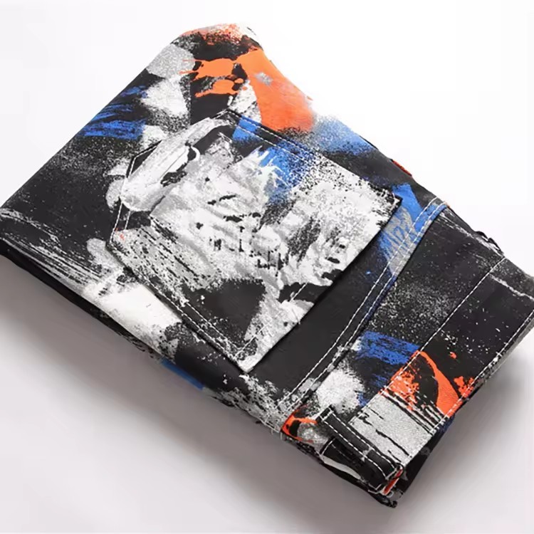 New Arrival Male Printed Painted Graffiti Pants Hip Hop Slim Fit Jeans for Men