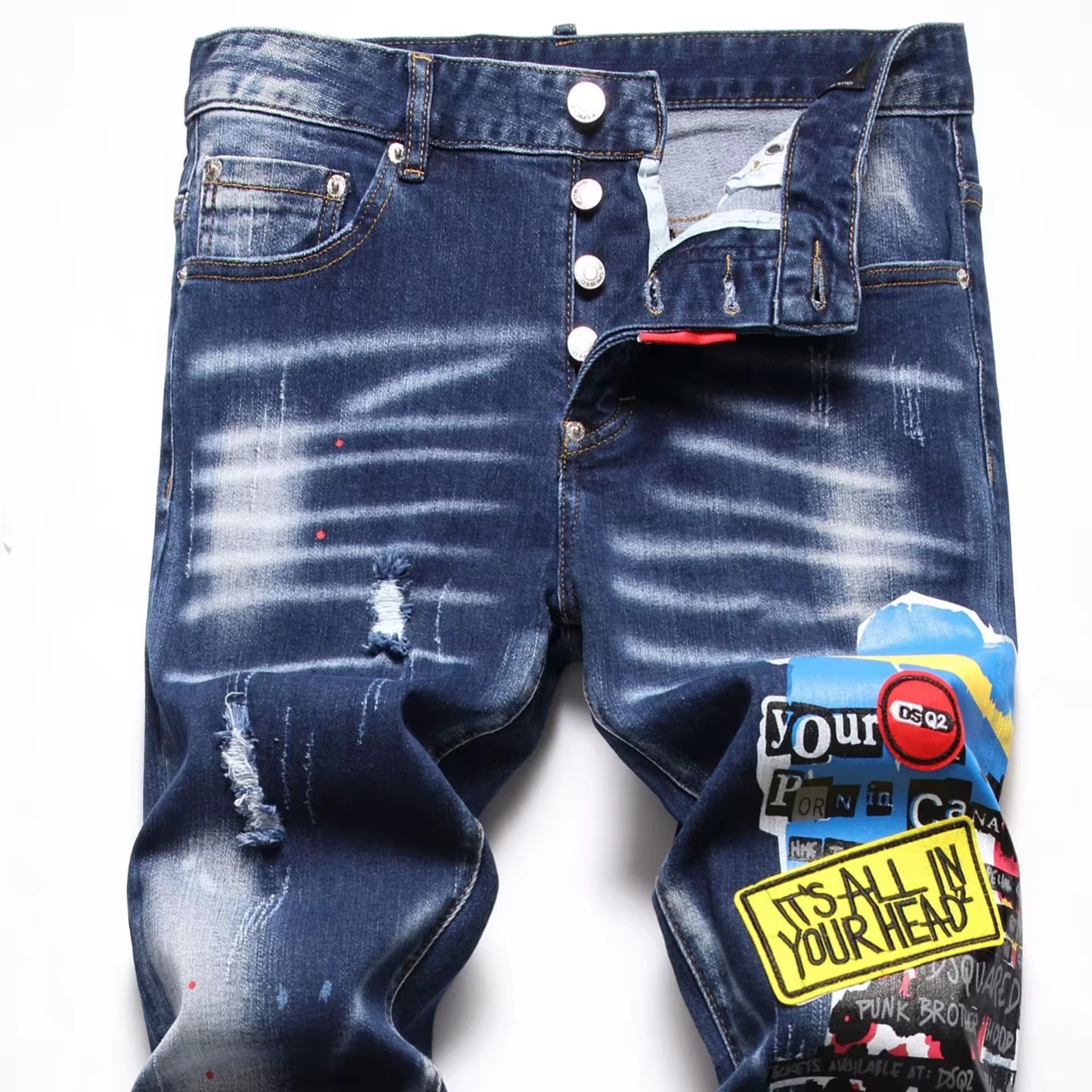  ODM OEM High Street Fashion Mens Jeans Night Club Personal Designer Printed Jeans Men Punk Pants Skinny Hip Hop Jeans