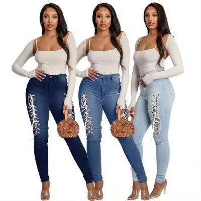 Pantalon jean Solid Color Lady Casual Jean Pants high waist skinny plus size bandage jeans