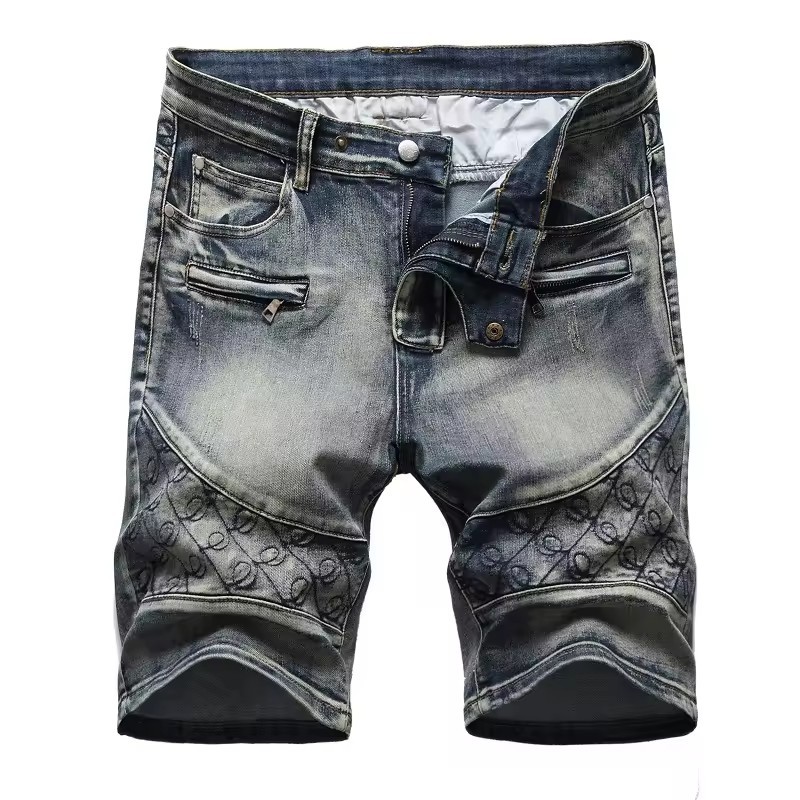 Plus Size Super Stretch Jean Short Skinny Embroidered Shorts for Men