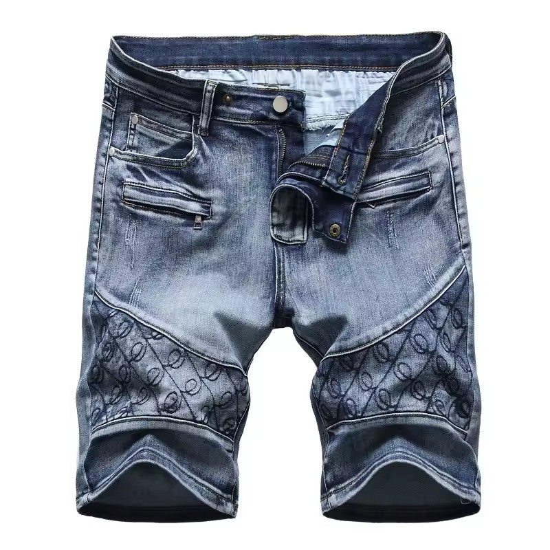 Plus Size Super Stretch Jean Short Skinny Embroidered Shorts for Men