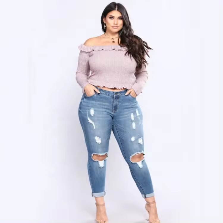 Plus size jeans for women ripped blue jeans women skinny large size jeans pants 5xl 6xl 7xl