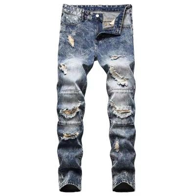 Men Ripped Straight Jeans Regular Waist Jeans Vintage Distressed Denim Pants