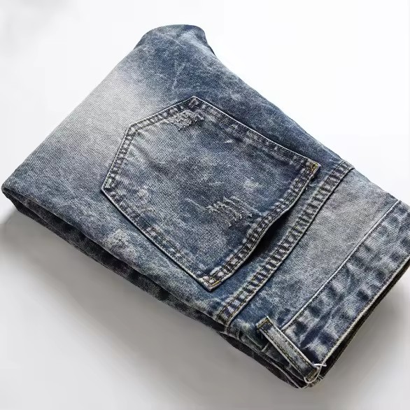 Men Ripped Straight Jeans Regular Waist Jeans Vintage Distressed Denim Pants