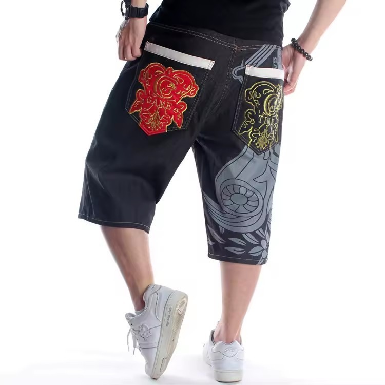 Wholesale Plus Size Men's Shorts Loose Fit Jeans Relaxed Fit Hip Hop Denim Shorts Work Short Pattern Embroidered Jean Men