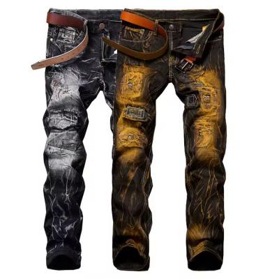 Men's Straight Motorcycle Jeans Nostalgic Ripped Skinny Stretch Denim Pants