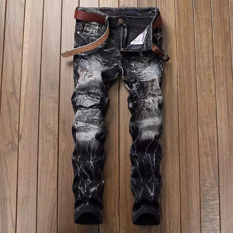 Men's Straight Motorcycle Jeans Nostalgic Ripped Skinny Stretch Denim Pants