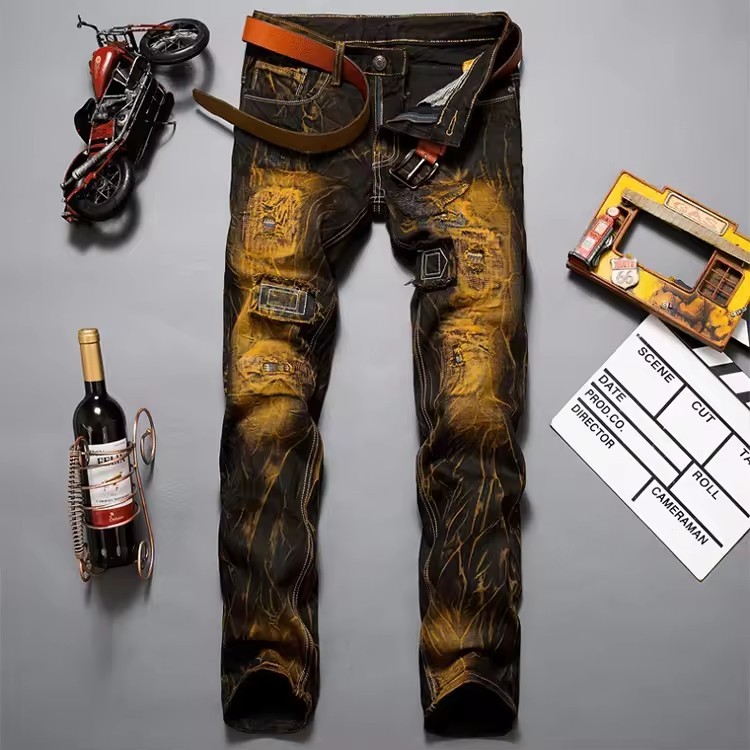 Men's Straight Motorcycle Jeans Nostalgic Ripped Skinny Stretch Denim Pants