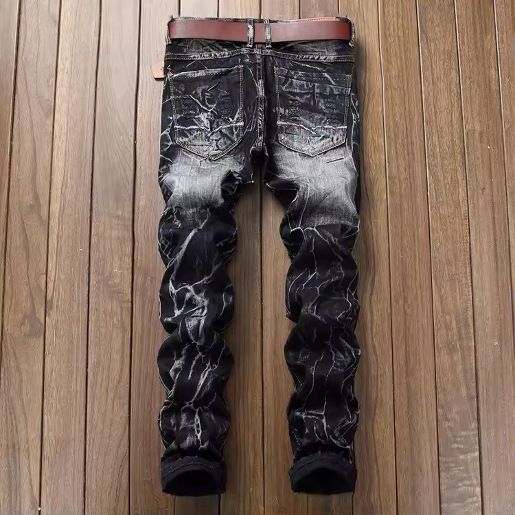 Men's Straight Motorcycle Jeans Nostalgic Ripped Skinny Stretch Denim Pants