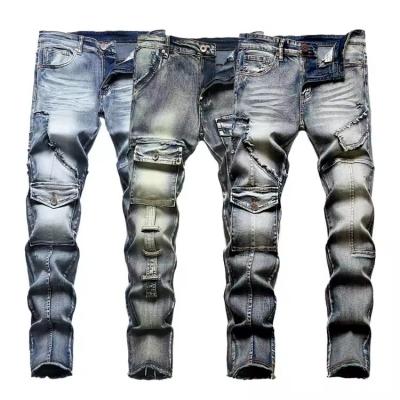 Mens Luxury Jeans Vintage Straight Slim Fit Denim Patchwork Multi-pocket Pants