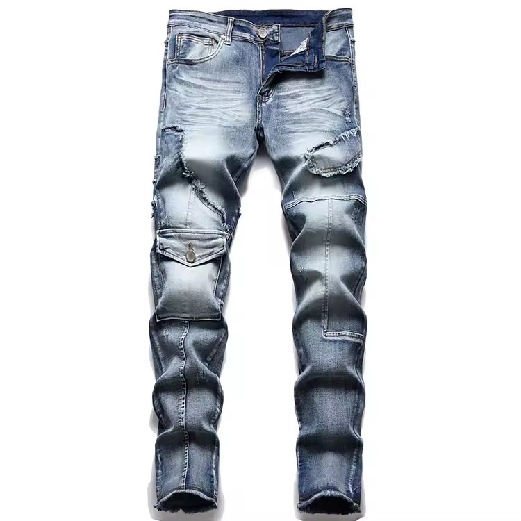 Mens Luxury Jeans Vintage Straight Slim Fit Denim Patchwork Multi-pocket Pants