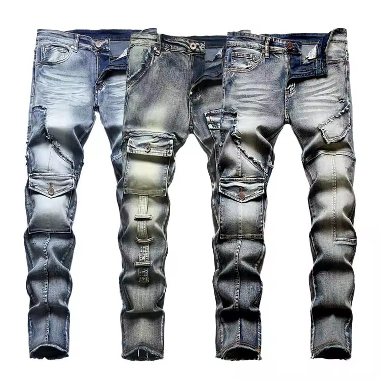 Mens Luxury Jeans Vintage Straight Slim Fit Denim Patchwork Multi-pocket Pants