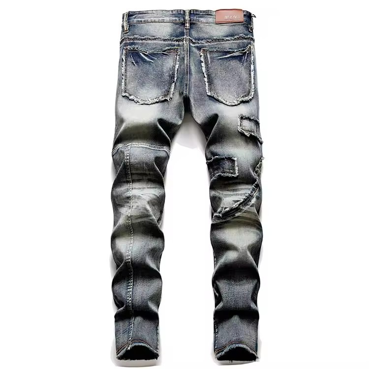 Mens Luxury Jeans Vintage Straight Slim Fit Denim Patchwork Multi-pocket Pants