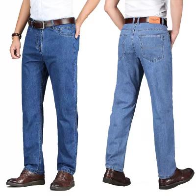 Mans men jeans branded custom 100 cotton business casual straight summer lightweight softener mens demin pant plus size