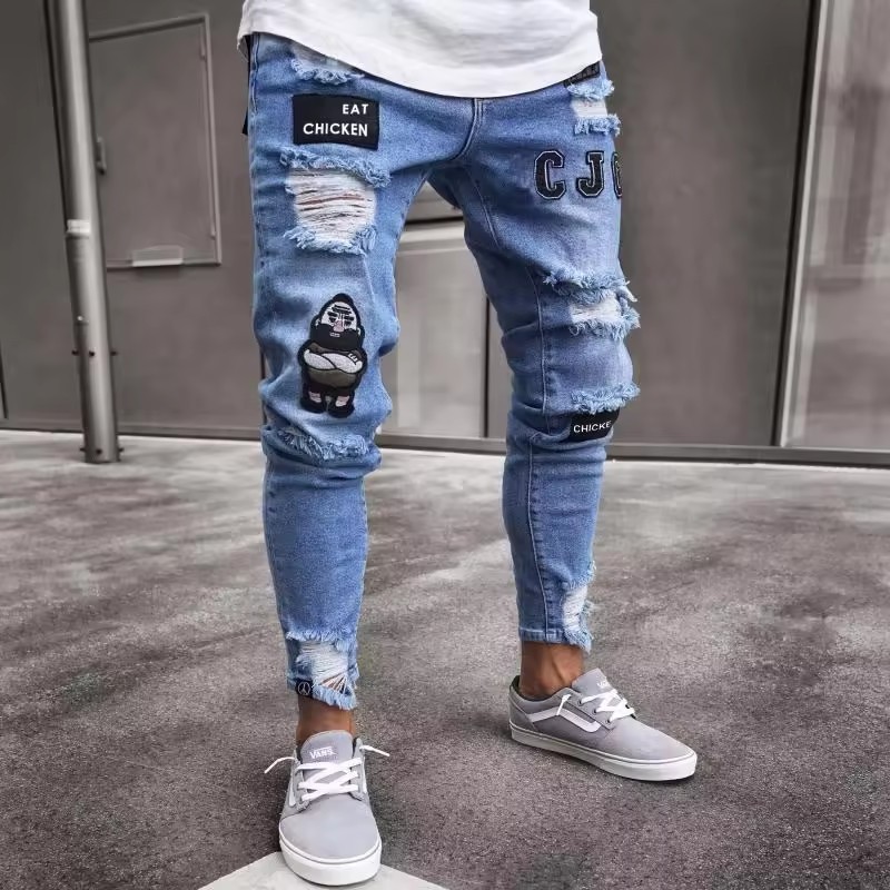 Skinny men jeans blue patches denim custom baggy destroyed ripped tapered jeans distressed boy jeans