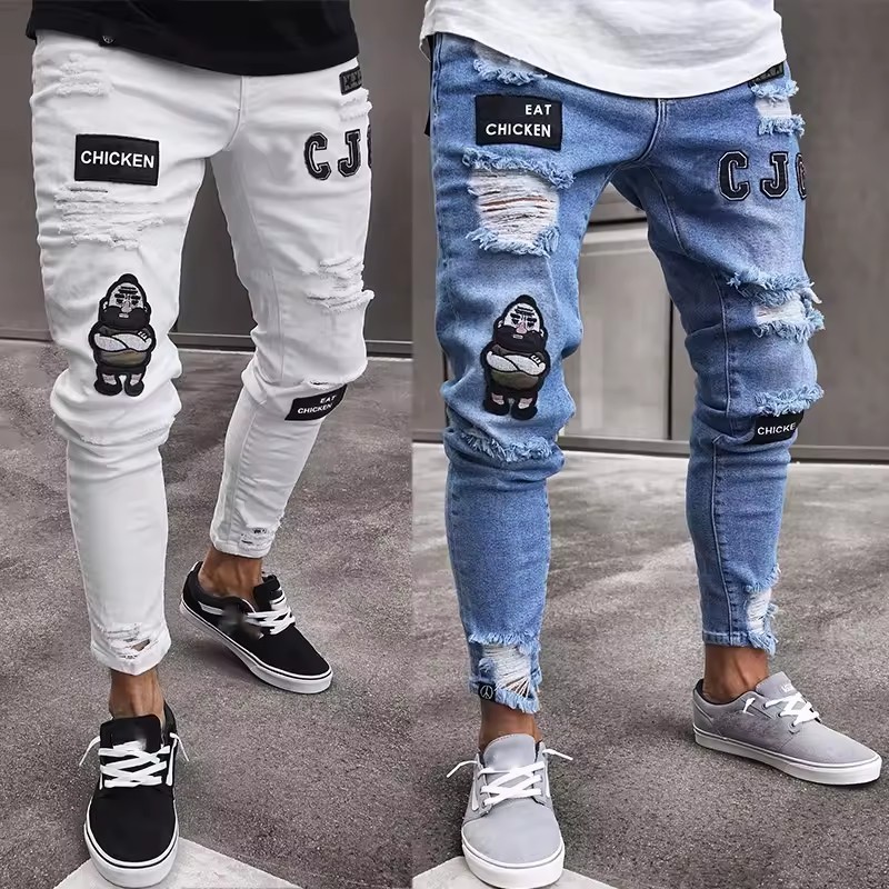 Skinny men jeans blue patches denim custom baggy destroyed ripped tapered jeans distressed boy jeans