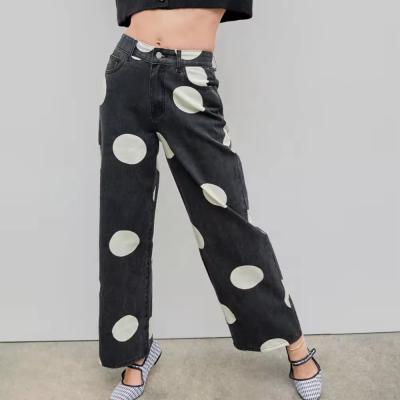 WDJ001 custom high waist polka dot wide leg jeans women print jea