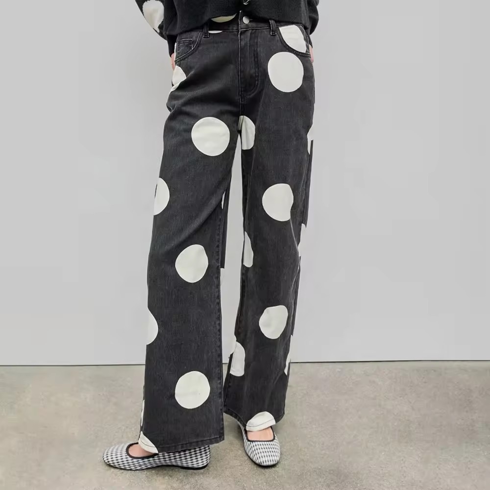 WDJ001 custom high waist polka dot wide leg jeans women print jea