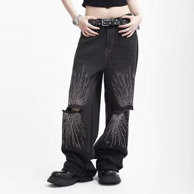 custom street wear punk distressed baggy jeans black stacked jeans rhinestone jeans men