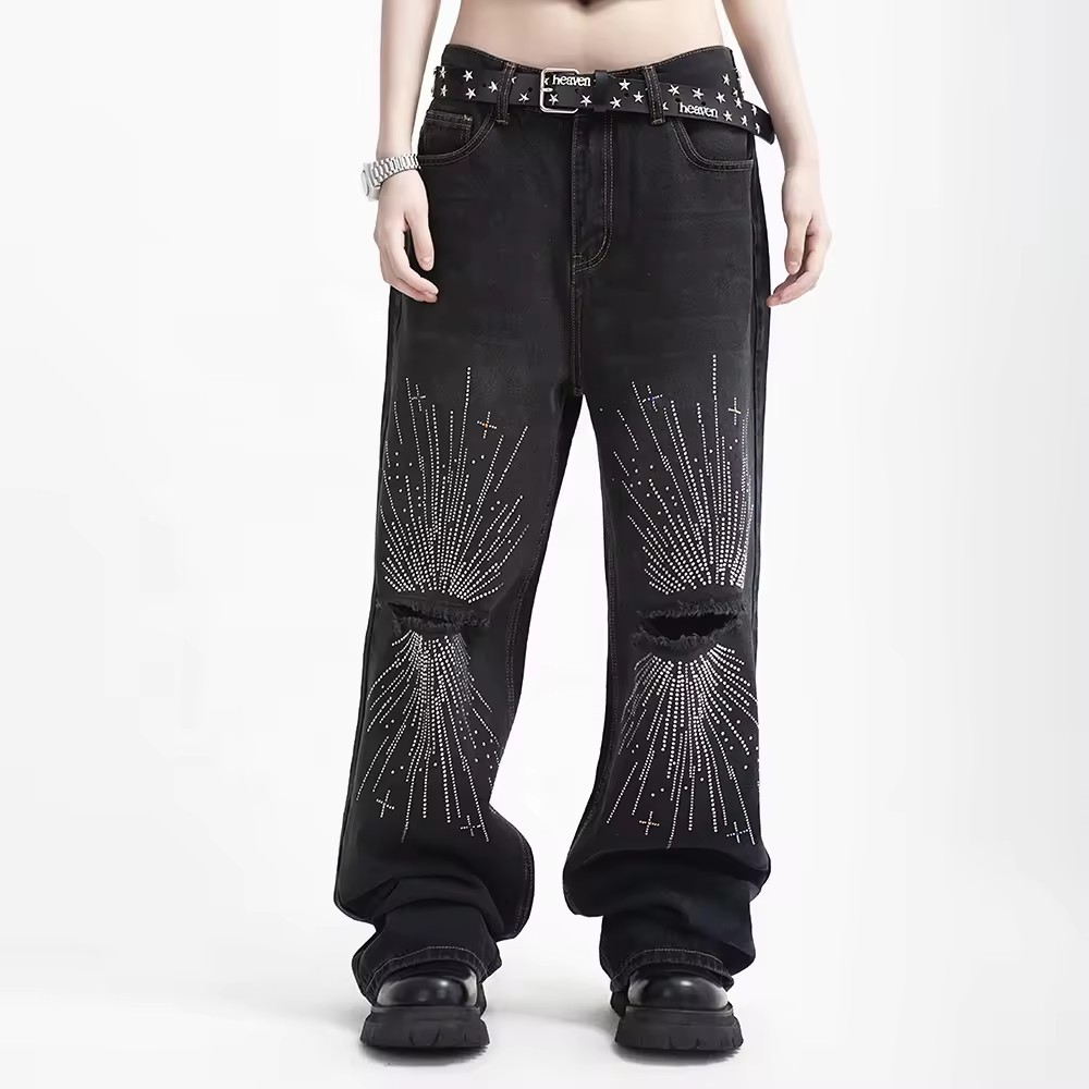 custom street wear punk distressed baggy jeans black stacked jeans rhinestone jeans men