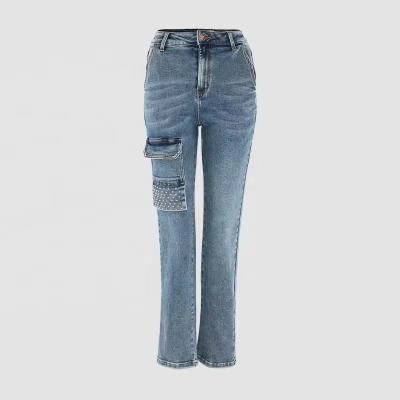 ODM OEM custom women straight jeans women denim jeans with patch pockets women jeans 