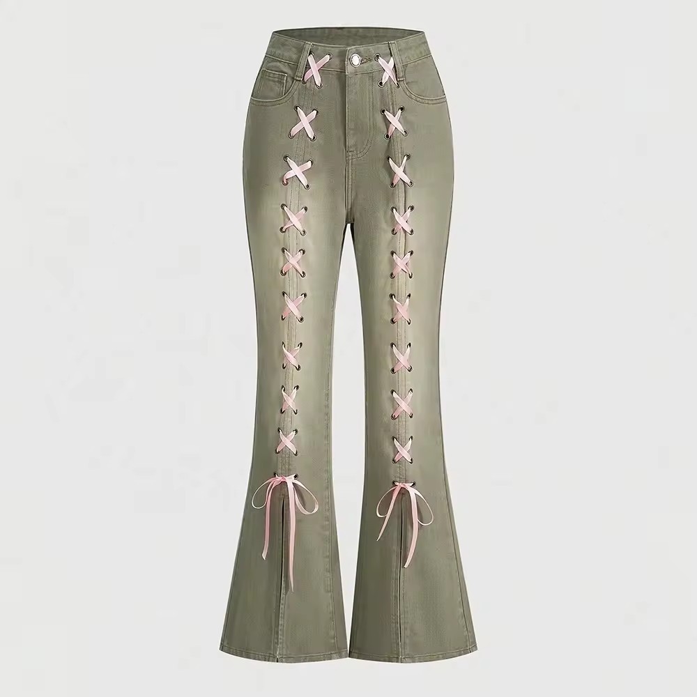 WDJ023 custom flared jeans women lace up jeans women denim pants