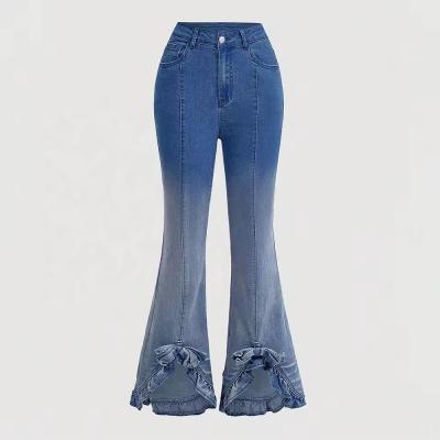 custom skinny flared jeans gradient women flared denim jeans with bowknot high waisted jeans for women