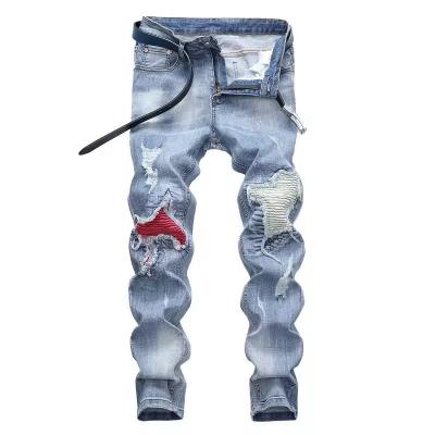 high street wear jeans pants for men destroyed denim jeans pantalone de hombre patched design slim jeans men